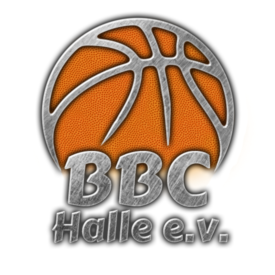 Logo des Sportvereins BBC Halle: Vereinsname, im Hintergrund ein Basketball