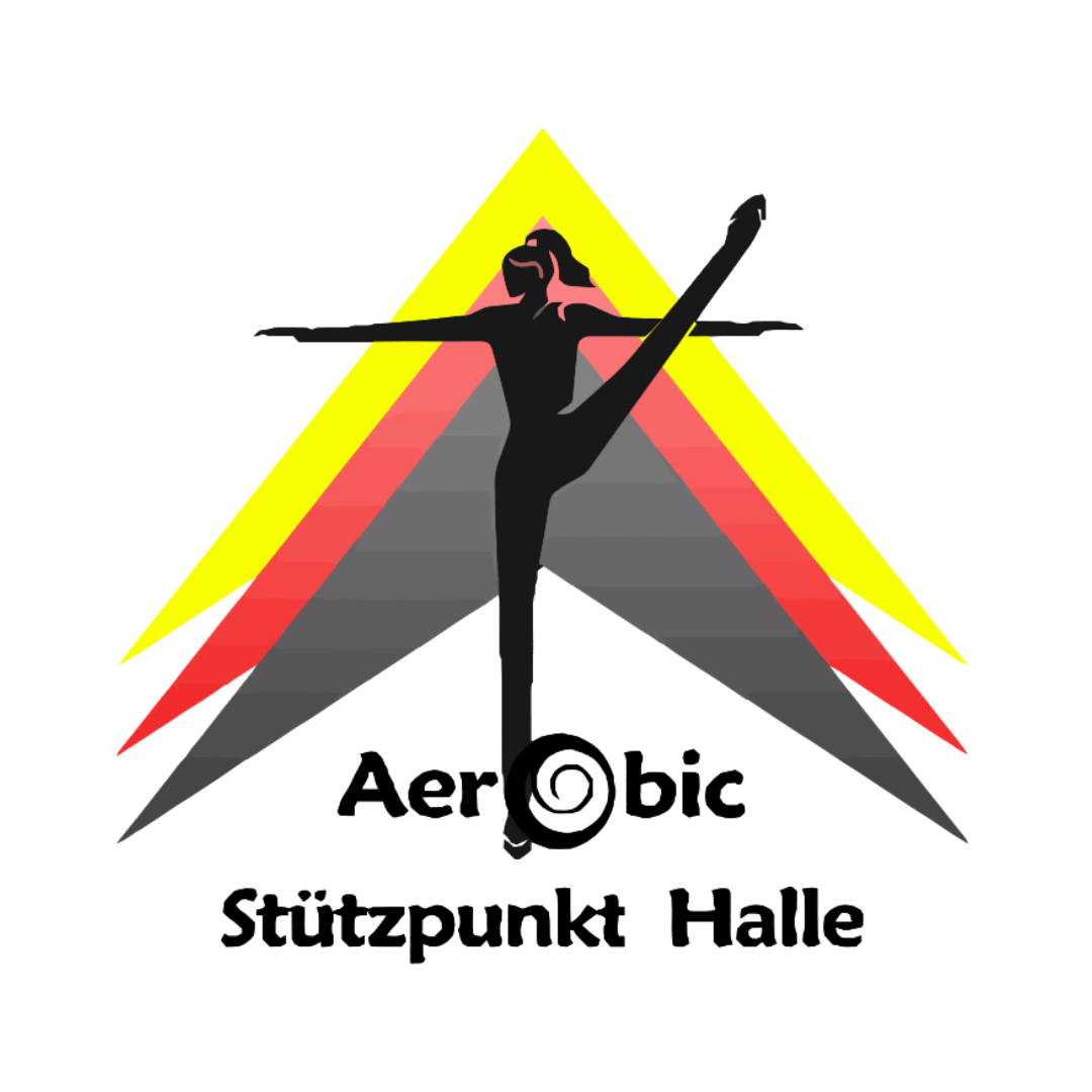 Logo Aerobic Stützpunkt Halle e.V. Zu sehen ist das Logo des Aerobic-Stützpunktes: Eine Frau in Tanzpose vor Dreiecken in Schwarz, Rot und Gold.