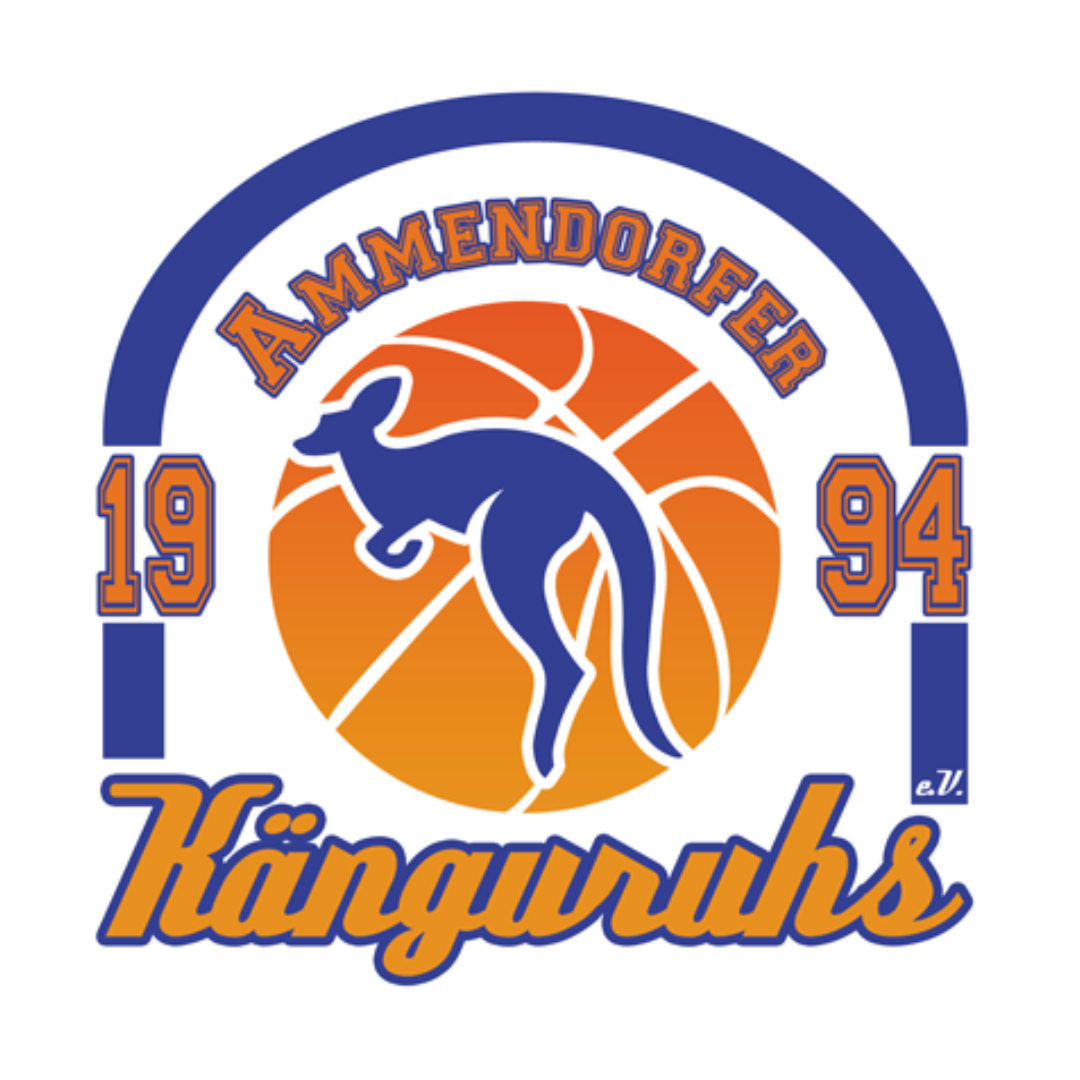 Zu sehen ist das Logo der Ammendorfer Känguruhs: Ein balues Känguruh hüpft vor einem Basketball.