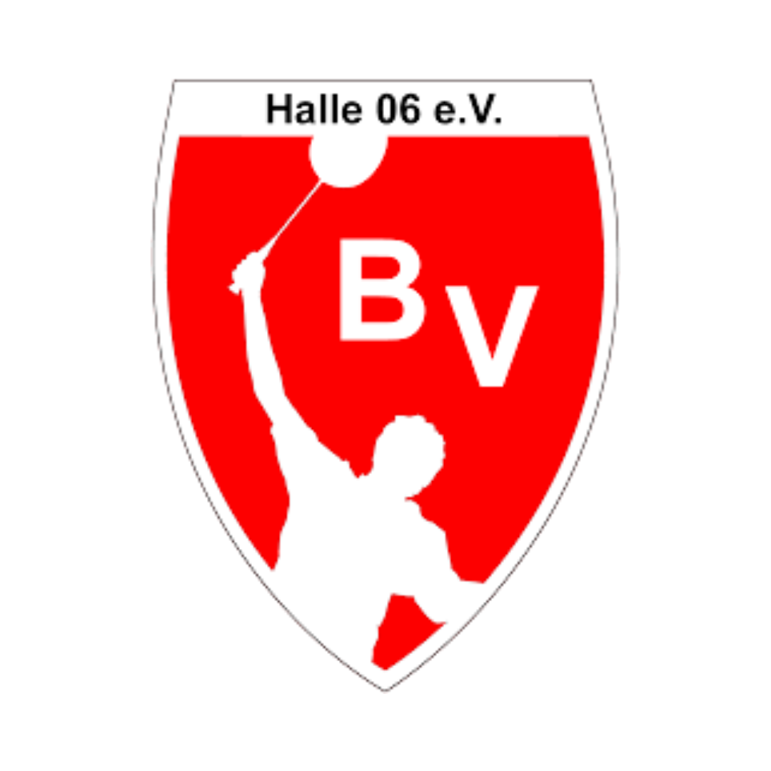 Logo Badmintonverein Halle e.V. Zu sehen ist das Logo des Badmintonvereins Halle 06: Ein rotes Wappen mit dem weißen Umriss eines Badmintonspielers und den Buchstaben BV.