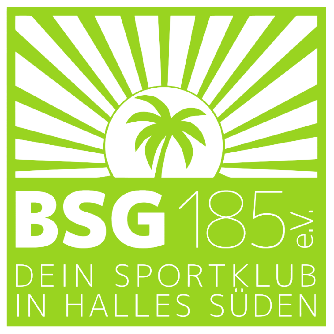 Logo Böllberger Sportgemeinschaft 185 e.V. Zu sehen ist das Logo der Böllberger SG: Der Vereinsname in weiß in einem grünen Quadrat mit einer Palme vor grünen Palme vor einer weißen Sonne.