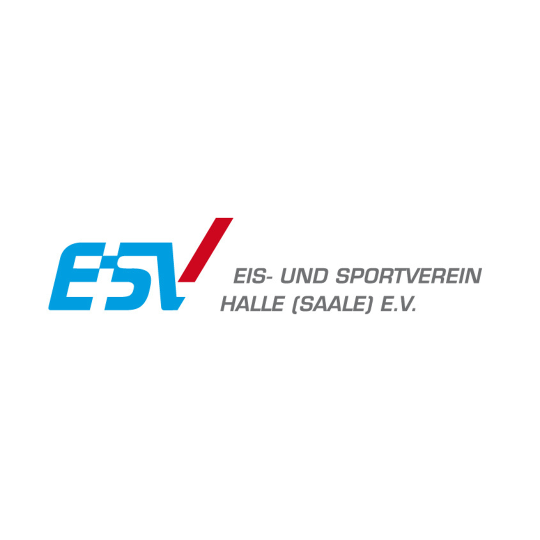 Logo Eis- und Sportverein (ESV) Halle e.V. Logo ESV: Der kurze Vereinsname ESV in Blau und Rot, der vollständige Vereinsname in Grau daneben.