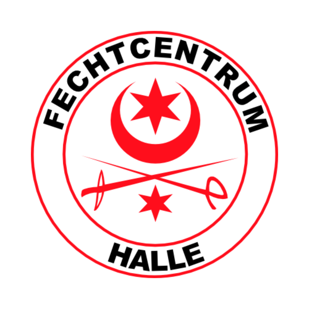 Logo des Fechtcentrums Halle: Gekreuzte Waffen und das Halle-Wappen in einem Kreis mit dem Vereinsanmen.