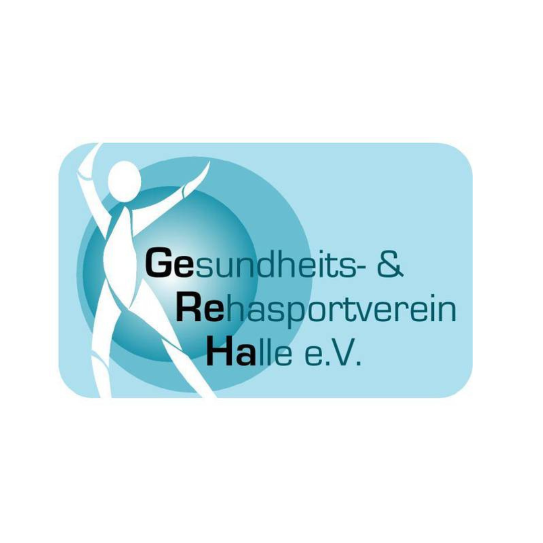 Logo GeReHa Halle e.V. Zu sehen ist das Logo des GeReHa e.V.: Der Vereinname vor einem blauen Hintergrund it einem weißen Männchen in Bewegung.