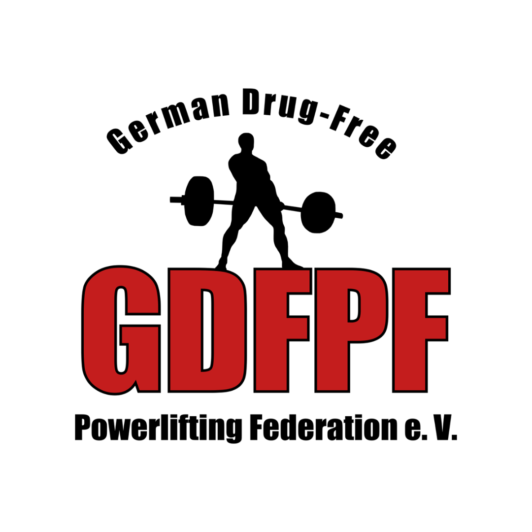 Logo GDFPF e.V. Logo GDFPF: Die Abkürzung des Vereins in roter Schrift, darauf hebt ein Mann im Schattenbild Gewichte.
