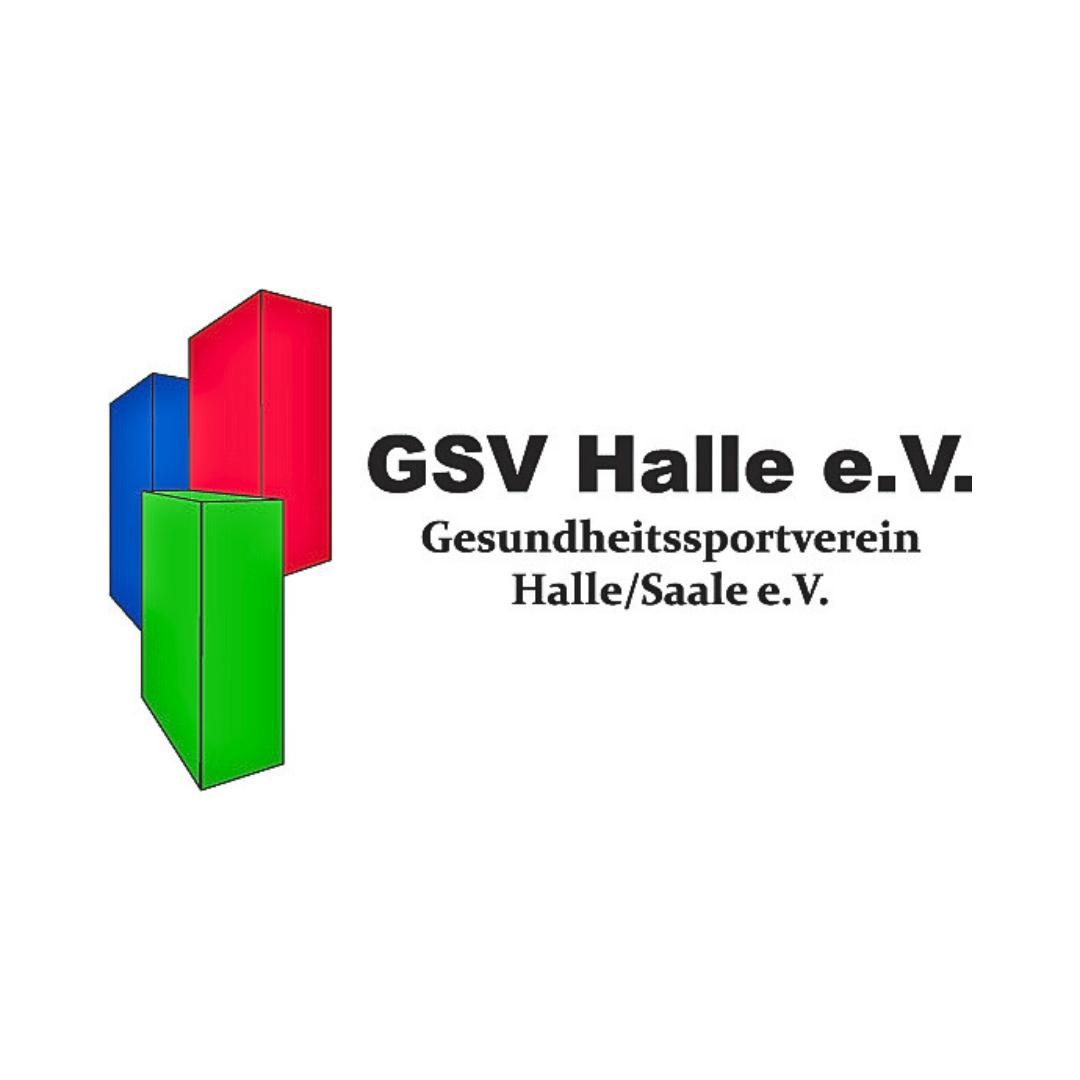Logo Gesundheitssport Halle e.V. Zu sehen ist das Logo des Gesundheitssportvereins Halle: Drei rechteckige Bausteine in blau. grün und rot, daneben der Vereinsname.