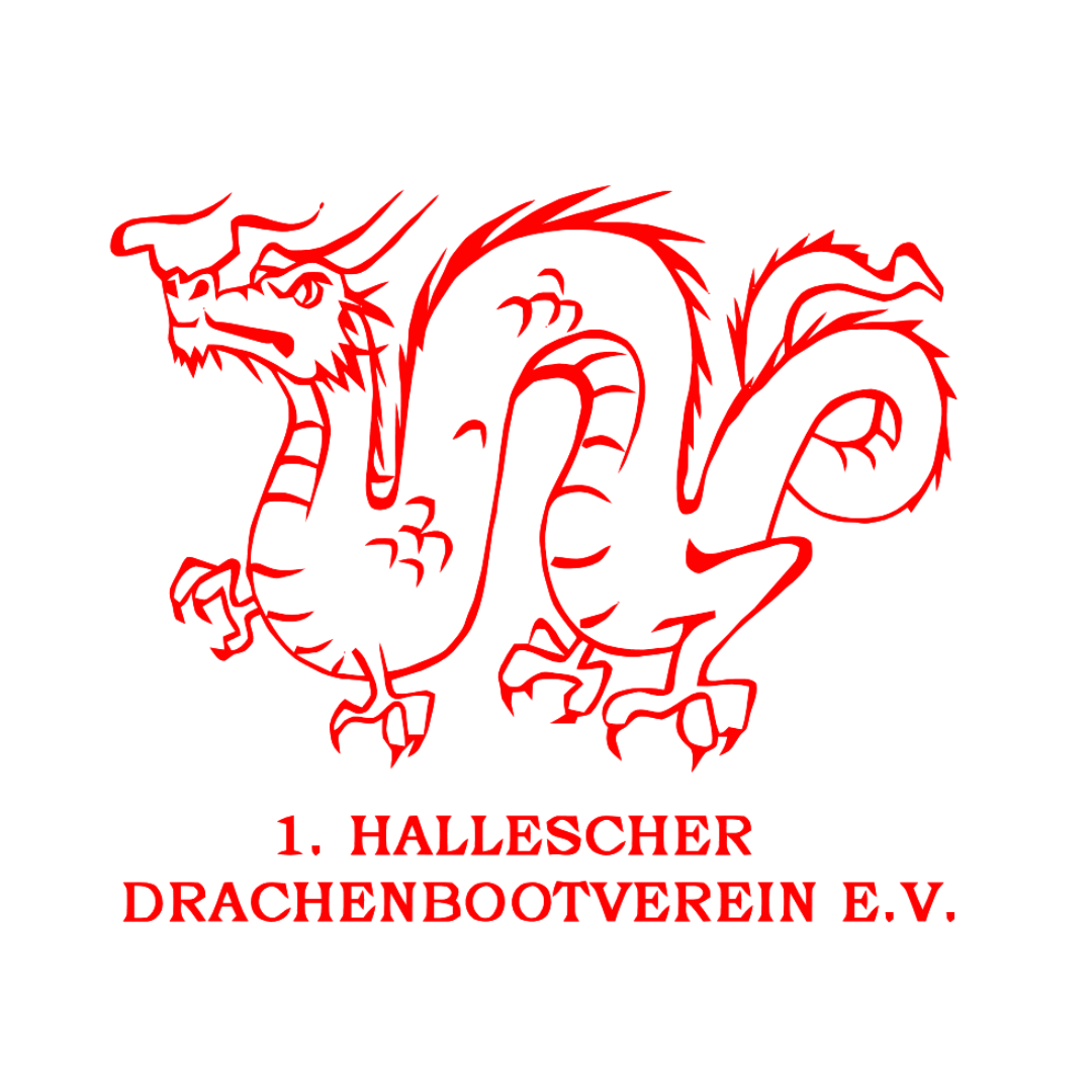 Logo 1. Hallescher Drachenbootverein e.V. Logo des Vereins: Ein roter Drache über dem Vereinsnamen in roter Schrift.