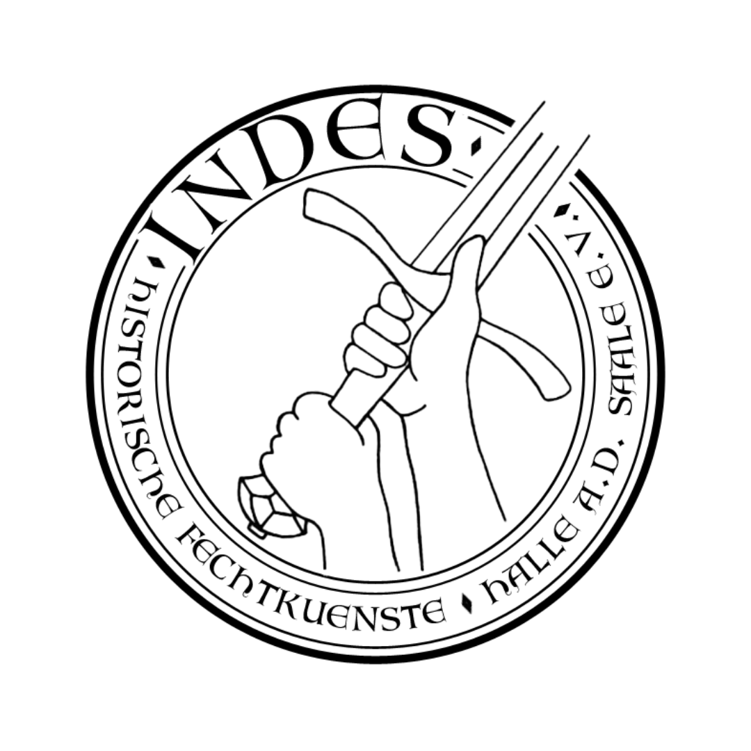 Logo INDES Historische Fechtkünste Halle e.V. Logo von INDES: Zwei Hände halten ein Schwert, im Kreis drumherum ist der Vereinsname geschrieben.