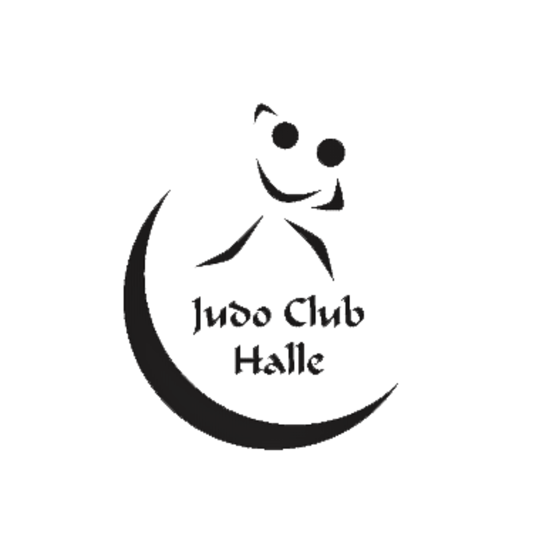 Zu sehen ist das Logo des Judo Club Halle: Der Vereinsname in einem Halbmond, daneben bilden verschiedene Formen zwei Figuren im Judokampf.
