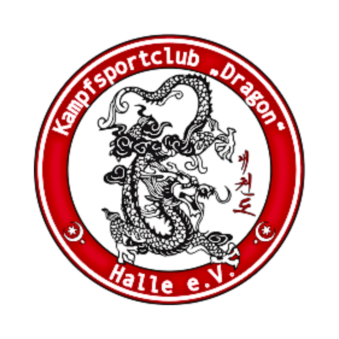 Logo Kampfsportclub "The Dragon" Halle e.V. Logo des Vereins: Ein schwarzer Drache in einem weißen Kreis mit roter Umrandung, in der der Vereinsname steht.