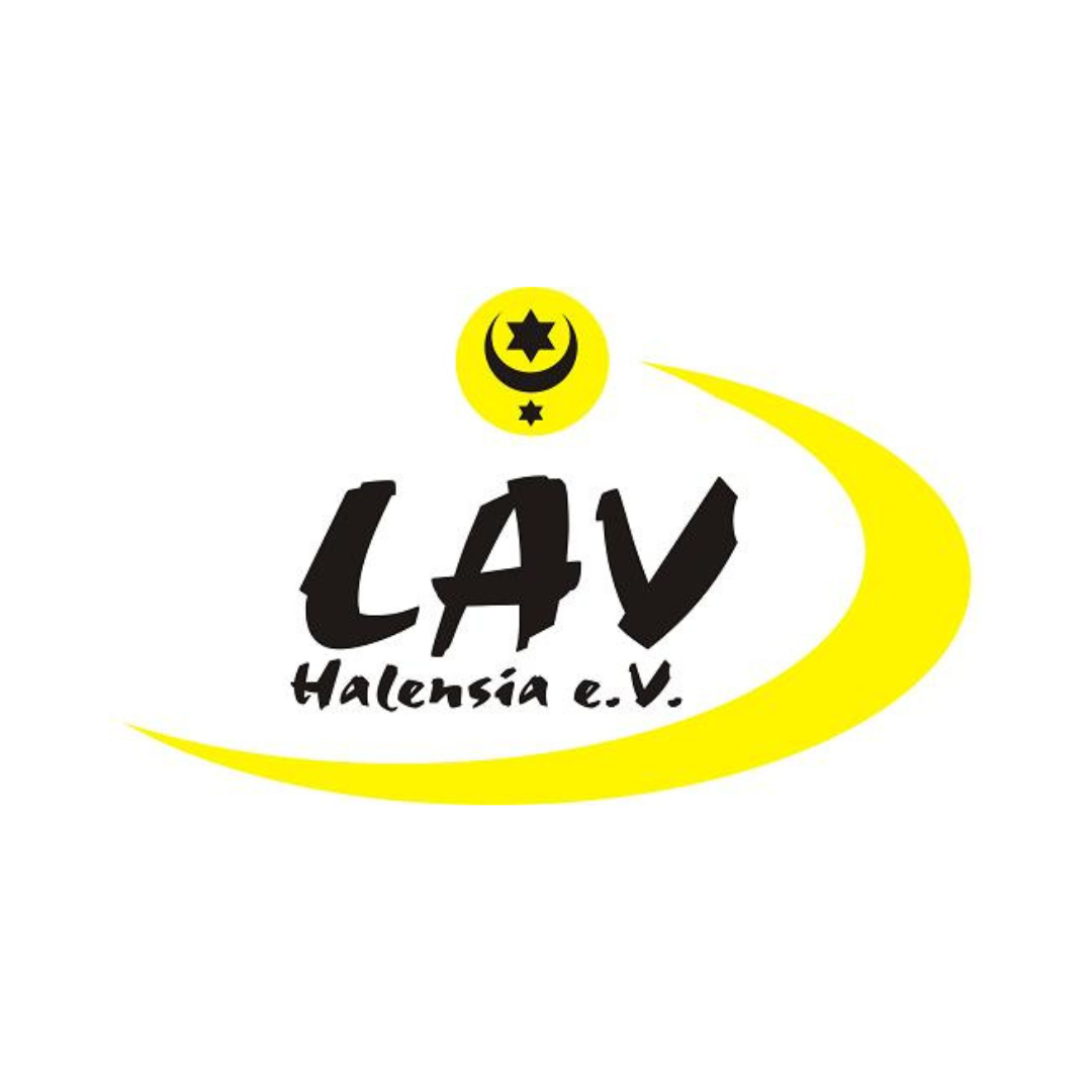 Zu sehen ist das Logo der LAV Halensia: Der Vereinsname in einem gelbem Kringel mit dem Halle Wappen in einem gelben Kreis.