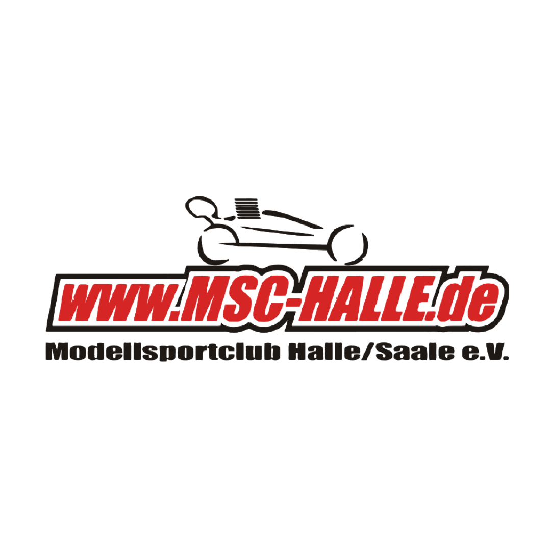 Logo Modellsportclub Halle e.V. Logo MSC Halle: Vereinsname in Rot und Schwarz, darüber die Umrisse eines Rennautos.