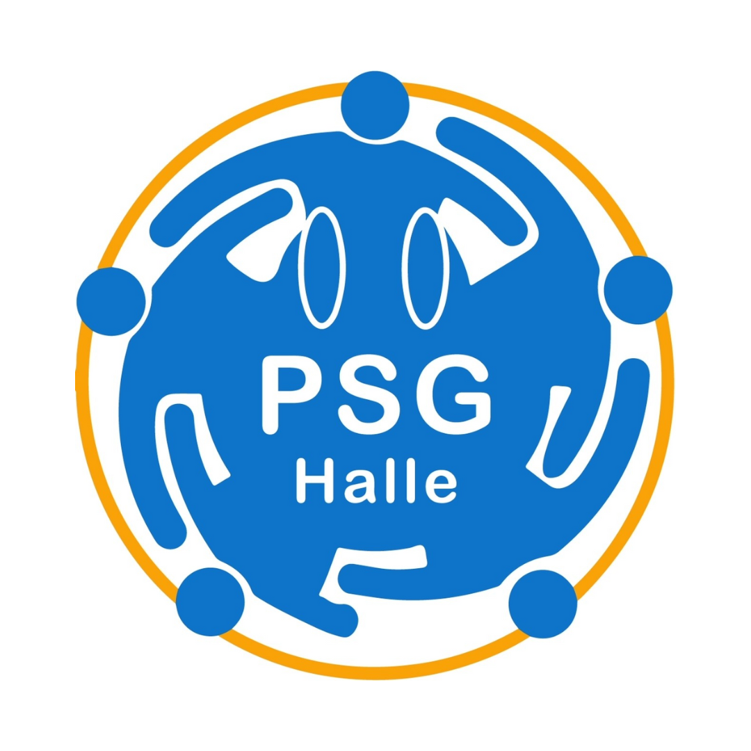 Logo der PSG: Vier Umrisse von Personen in Blau bilden einen Kreis mit dem Vereinsnamen darin.