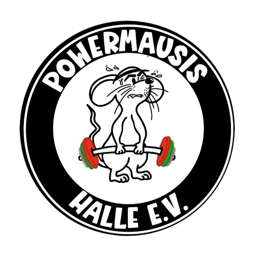 Zu sehen ist das Logo der Powermausis: Eine weiße Maus hebt Gewichte in einem Kreis, außenherum steht der Vereinsname.