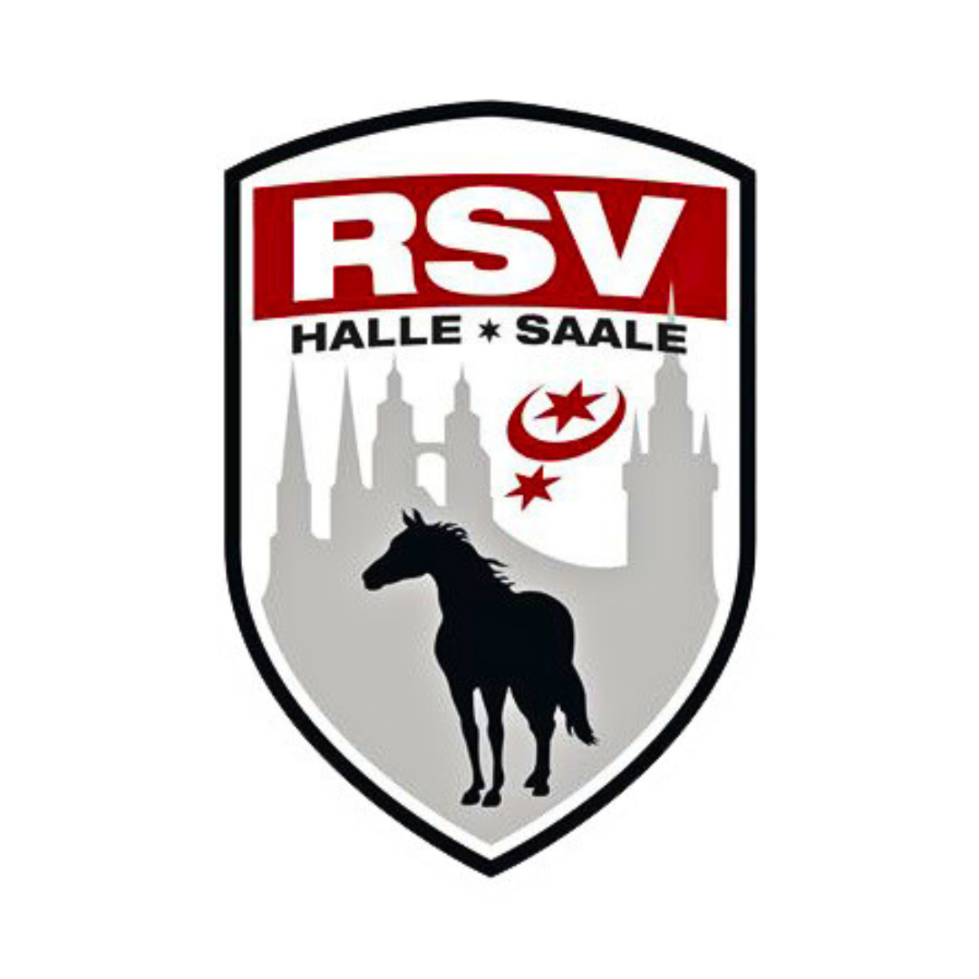 Zu sehen ist das Logo des RSV: Ein Pferd, die Türme des Marktplatzes und das Halle-Wappen in einem Abzeichen mit dem Vereinsnamen.