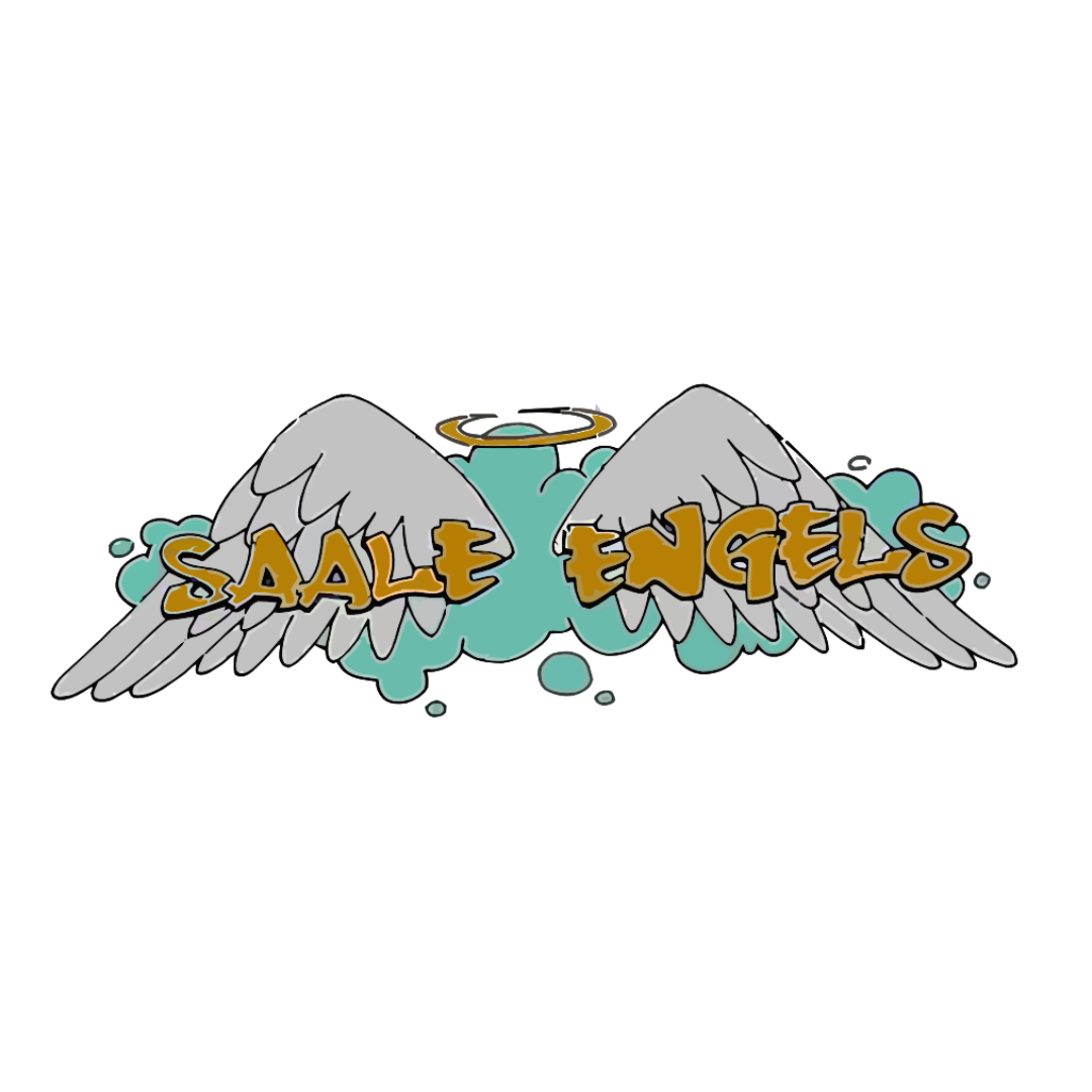 Logo der Saale Engels: Engelsflügel und Heiligenschein vor einer blauen Wolke, davor der Vereinsname.