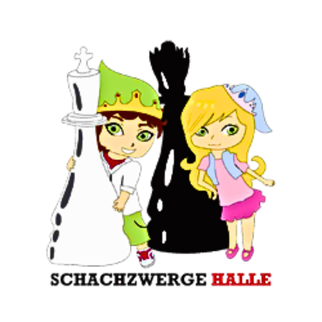 Logo der Schachzwerg Halle: Zwergen-Junge und Zwergen-Mädchen neben schwarzen und weißen Schachfiguren.