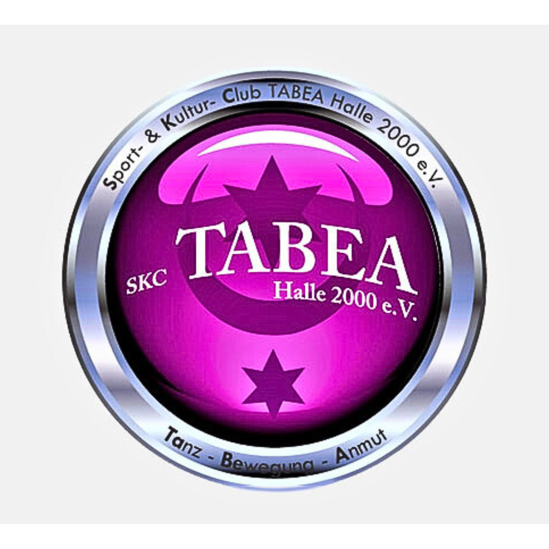 Logo SKC TABEA Halle e.V. Logo des Vereins: Vereinsname in Weiß vor dunkel-lila Halle-Wappen in hell-lila Kreis in silbernem Ring.