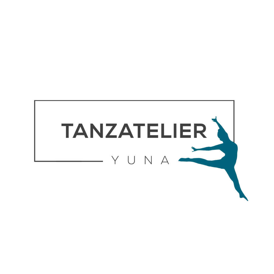 Logo des Tanzateliers YUNA: Der Vereinsname in einem Rechteck, davor die Umrisse einer Frau in Tanzpose.