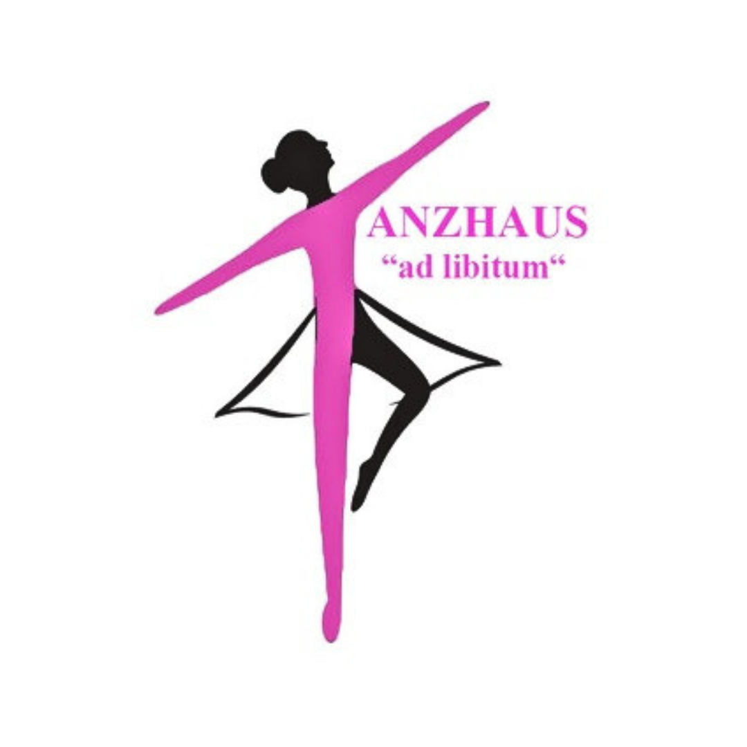 Zu sehen ist das Logo des Tanzhaus ad libitum: Eine Frau in Tanzpose in Schwarz und Pink bildet das T des Vereinsnamens.