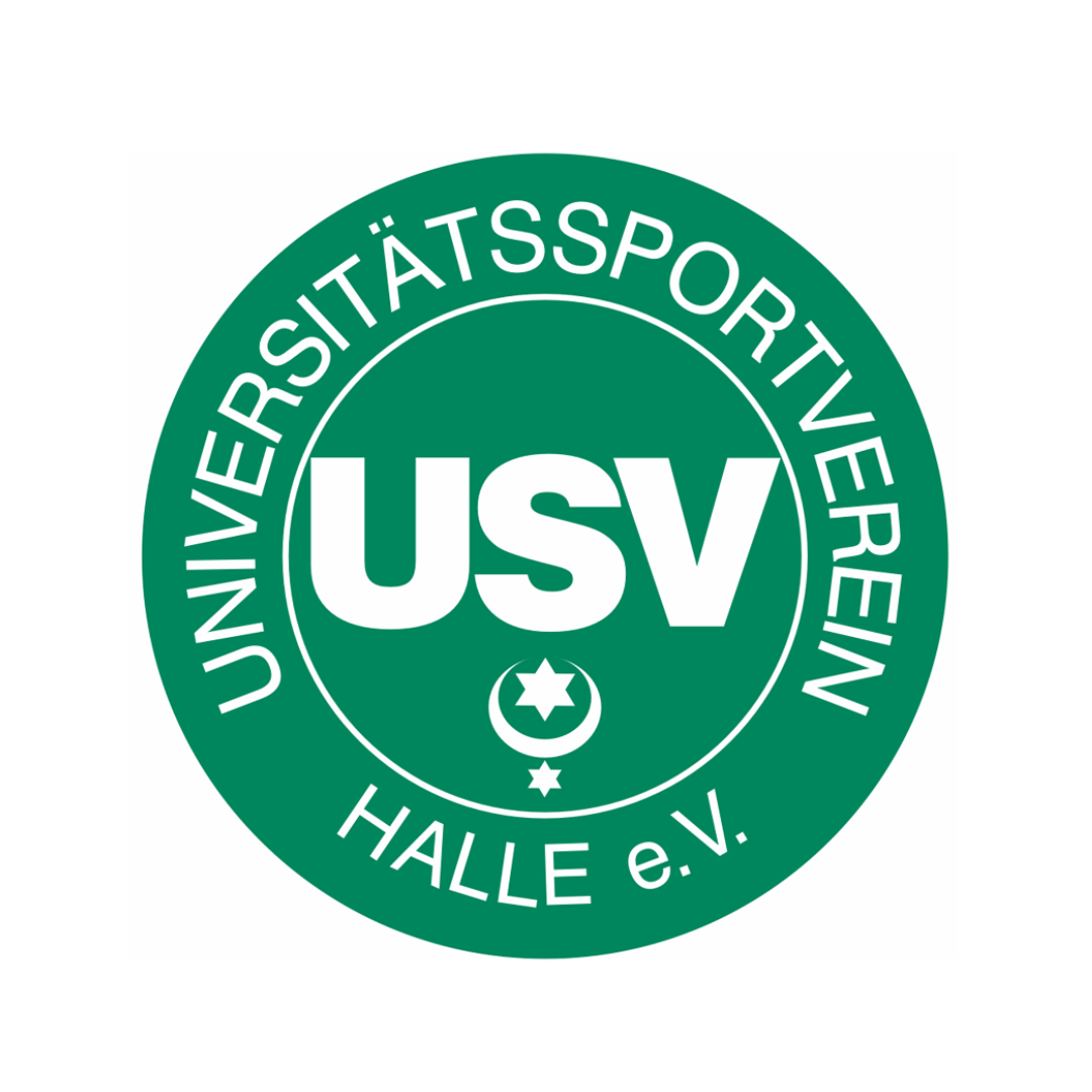 Logo USV Halle: Vereinsname und Halle-Wappen in Weiß in einem grünen Kreis.