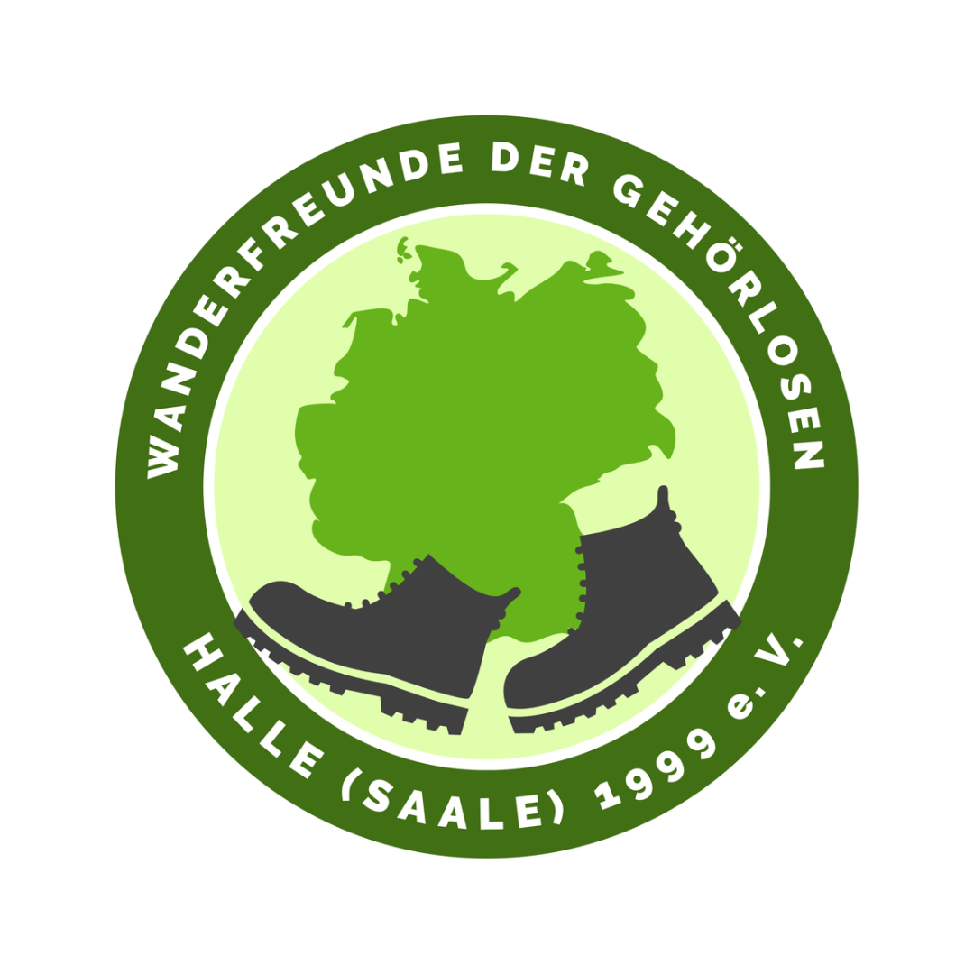 Logo Wanderfreunde der Gehörlosen Halle e.V. Logo des Vereins: Eine grüner Umriss Deutschlands mit Wanderschuhen davor in einem Kreis mit dem Vereinsnamen.