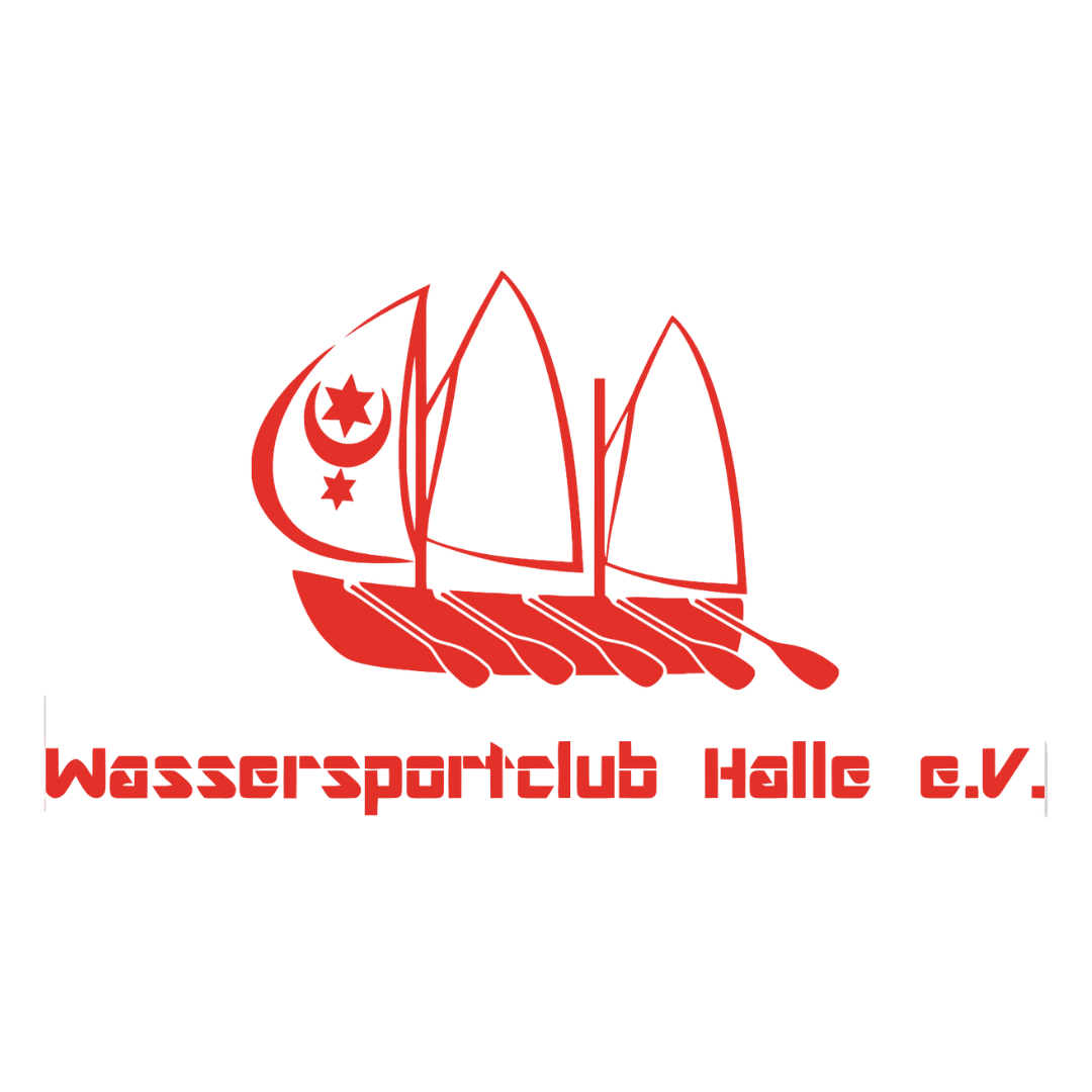 Logo des Wassersportclubs: Ein Segelboot in Rot und Weiß mit Rudern und 3 Masten mit Segeln, auf dem vordersten ist das Halle-Wappen.