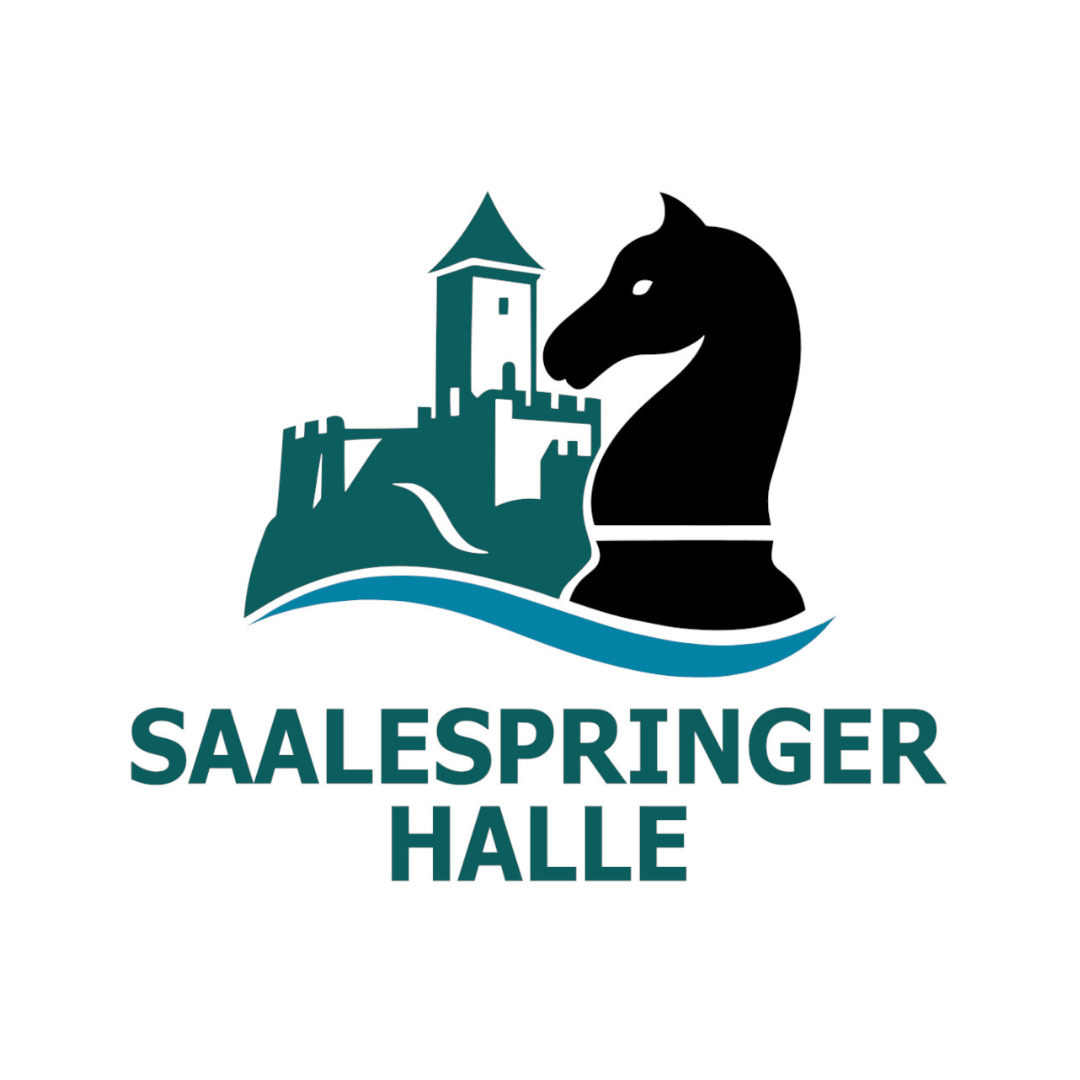 Logo der Salespringer: Ein Schwarzer Springer vor der Burg Giebichenstein