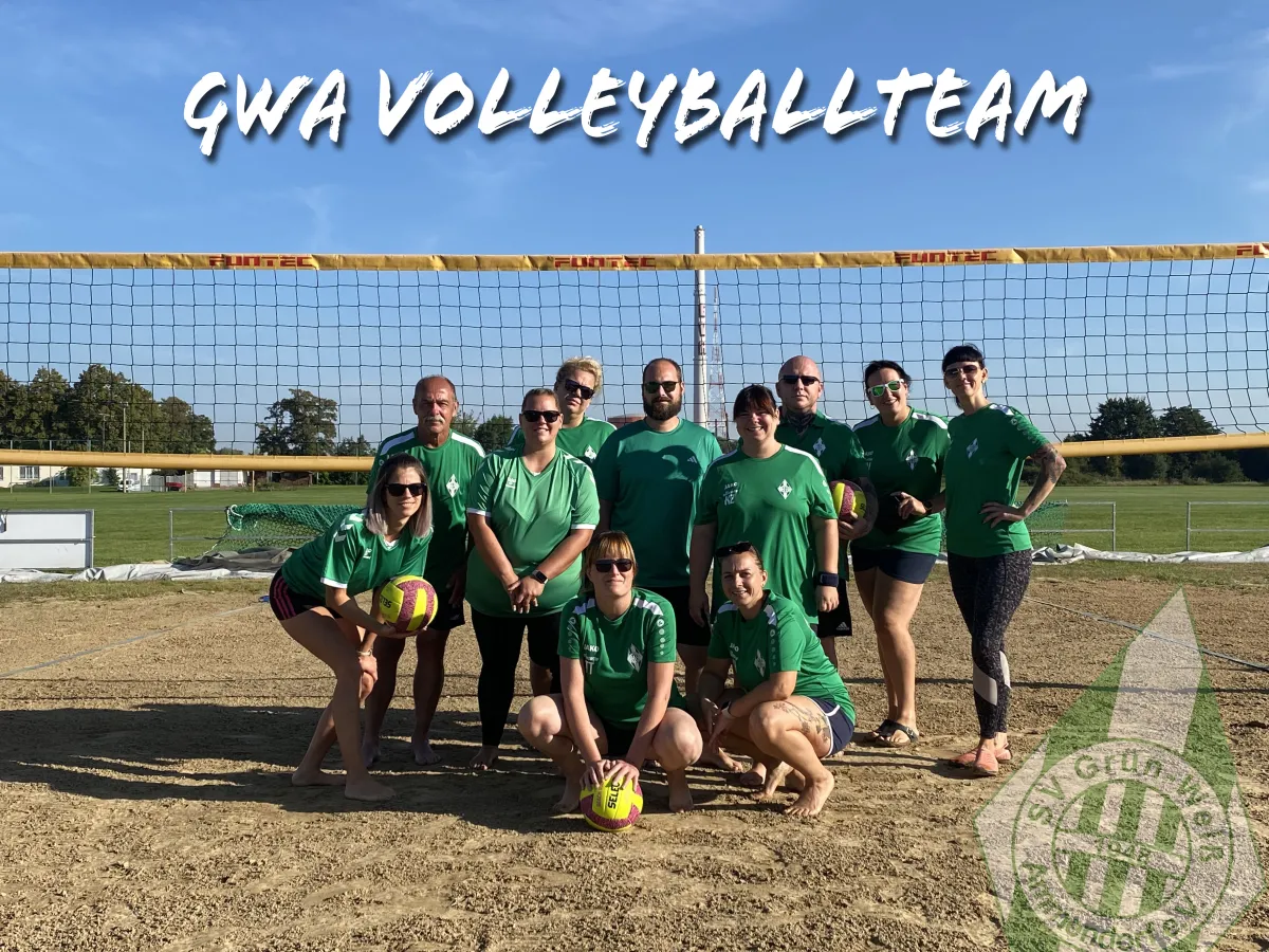 Das Team posiert für ein Foto vorm Volleyballnetz.