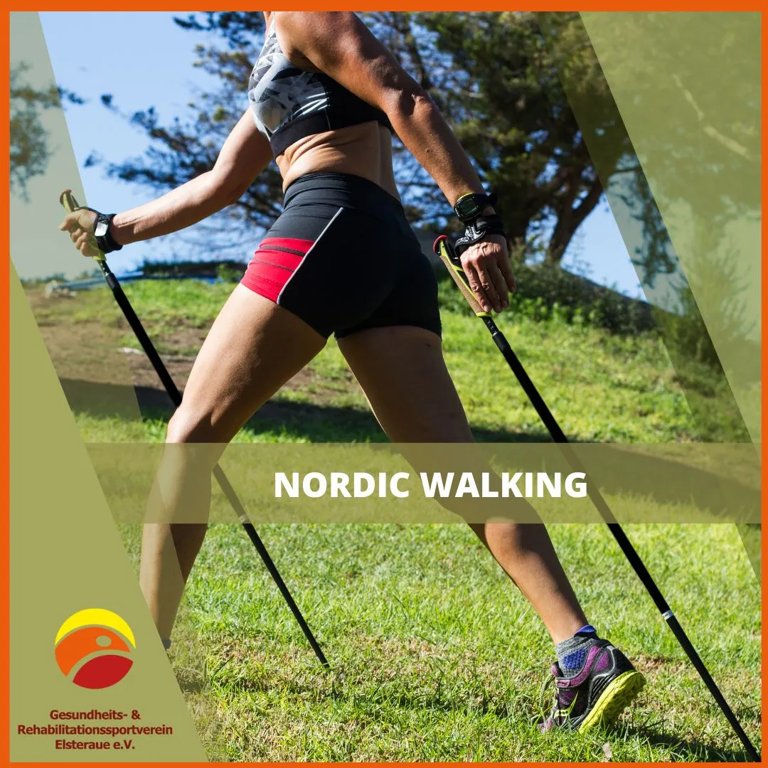 Grafik: Frau mit Walking-Stöcken auf einer Wiese, daneben das Vereinslogo und der Schriftzug "Nordic Walking"