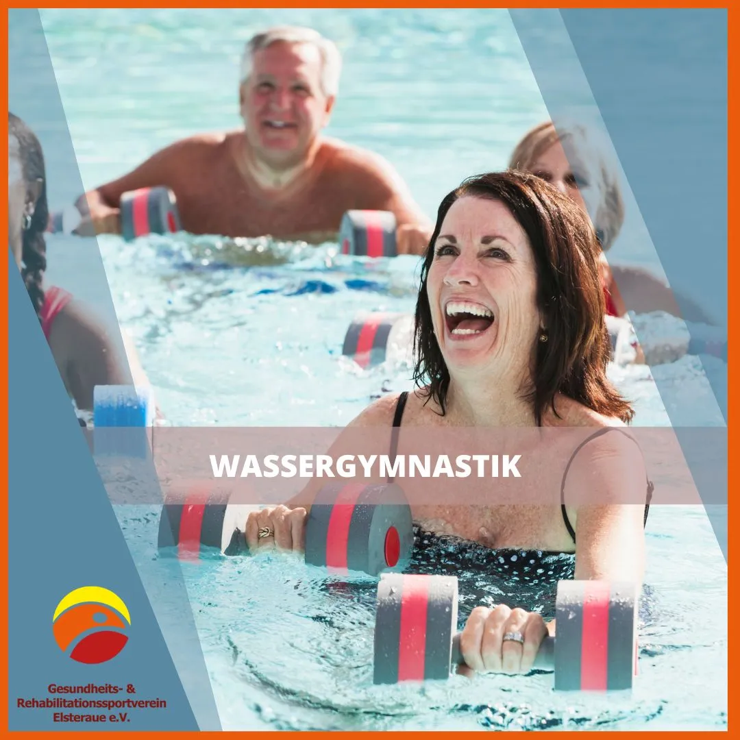 Grafik: Frau mit schwimmenden Hanteln in einem Wasserbecken, daneben das Vereinslogo und der Schriftzug "Wassergymnastik"