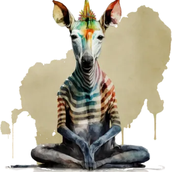 ein buntes Yoga-Okapi sitzt in Meditationshaltung