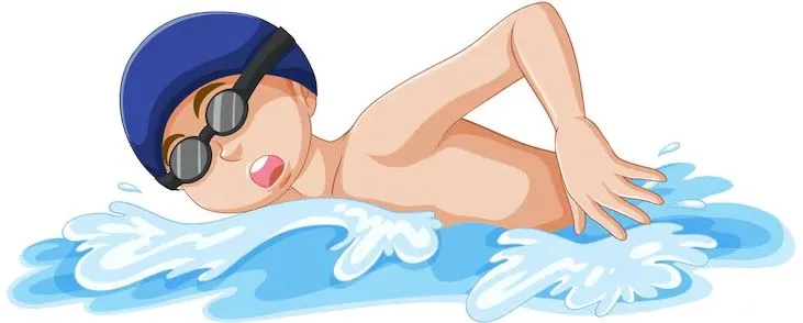 Karikatur eines Schwimmers mit Badekappe und Schwimmbrille im Kraul.