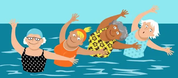 Karikatur von vier Frauen, die im Meer Wassergymnastik machen.