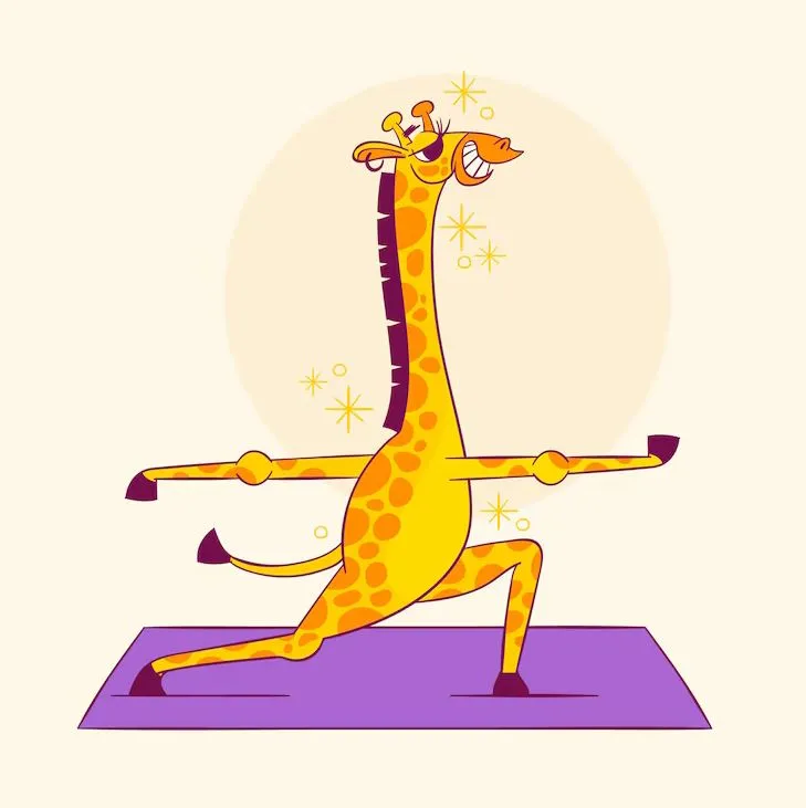 Karikatur einer Giraffe, die Yoga macht.