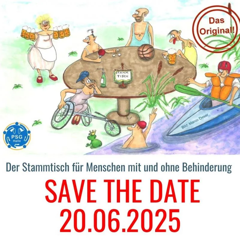 Stammtisch Save the Date Karikatur: Menschen mit Behinderung sitzen an einem Tisch, darunter wird der Stammtisch mit dem Datum 20.06.2025 beworben.