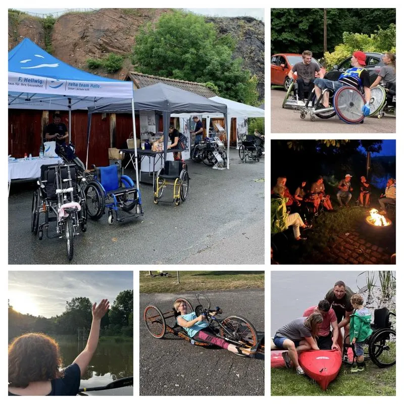 Impressionen PSG-Stammtisch 2024 Zu sehen ist eine Collage aus 5 Bildern mit Impressionen des letzten Stammtisches: Pavillons mit neugierigen Besuchern, Menschen um ein Lagerfeuer, Person beim Handbiken, Menschen an einem SUP usw.