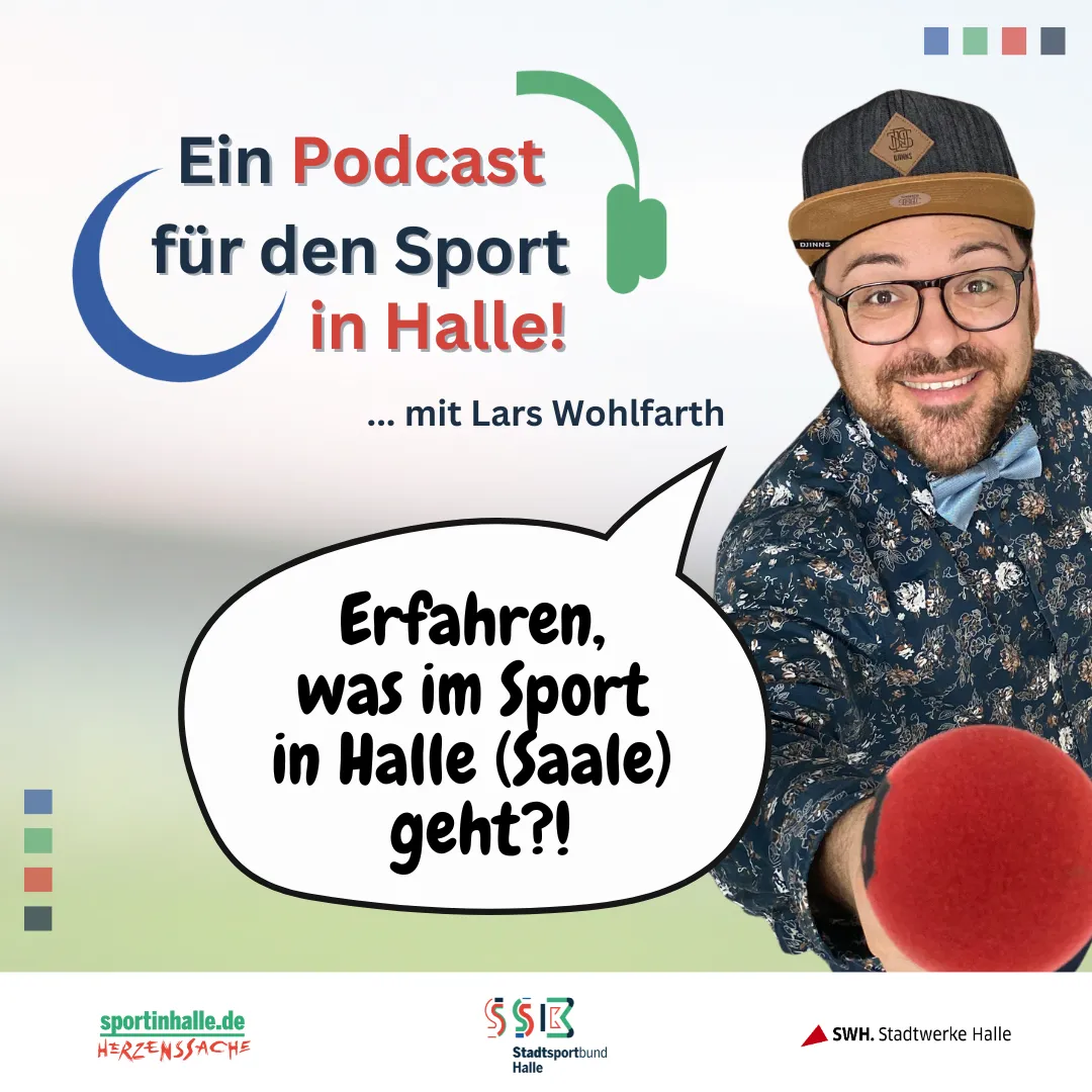 Fit für den Stadtrat Moderator Lars Wohlfarth streckt ein Mikro in die Kamera, dazu eine Textblase: "Erfahren, was im Sport in Halle geht?!"