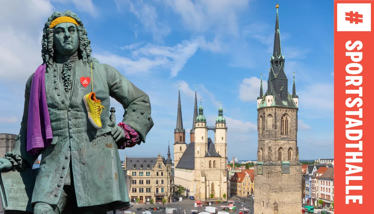 Händel-Statue im sportlichen Outfit vor den Türmen des Marktplatzes Halle.
