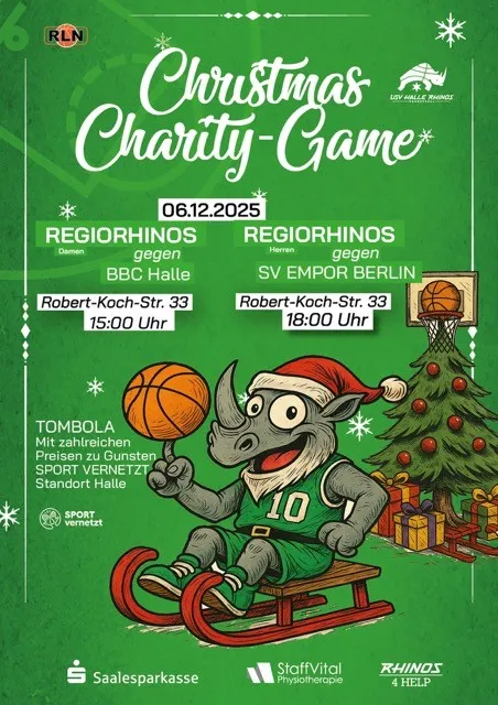 Ein Rhino im Basketballtrikot auf einem Schlitten mit Basketball.