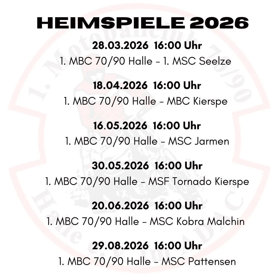 Spielplan Heimspiele 2026 des 1. MBC Halle