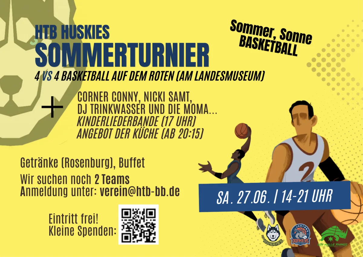 Flyer aus einem Huskie-Kopf als Logo, Zeichnungen von Basketballspielern und Text (siehe Flie&szlig;text f&uuml;r die Informationen)
