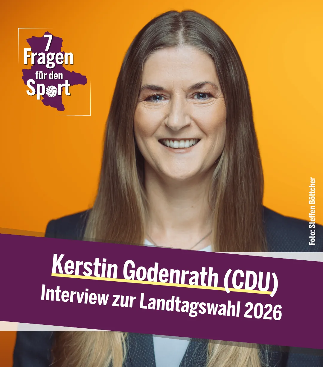 Frau mit langen Haaren im Blazer; Text "Kerstin Godenrath (CDU) - Interview zur Landtagswahl 2026"