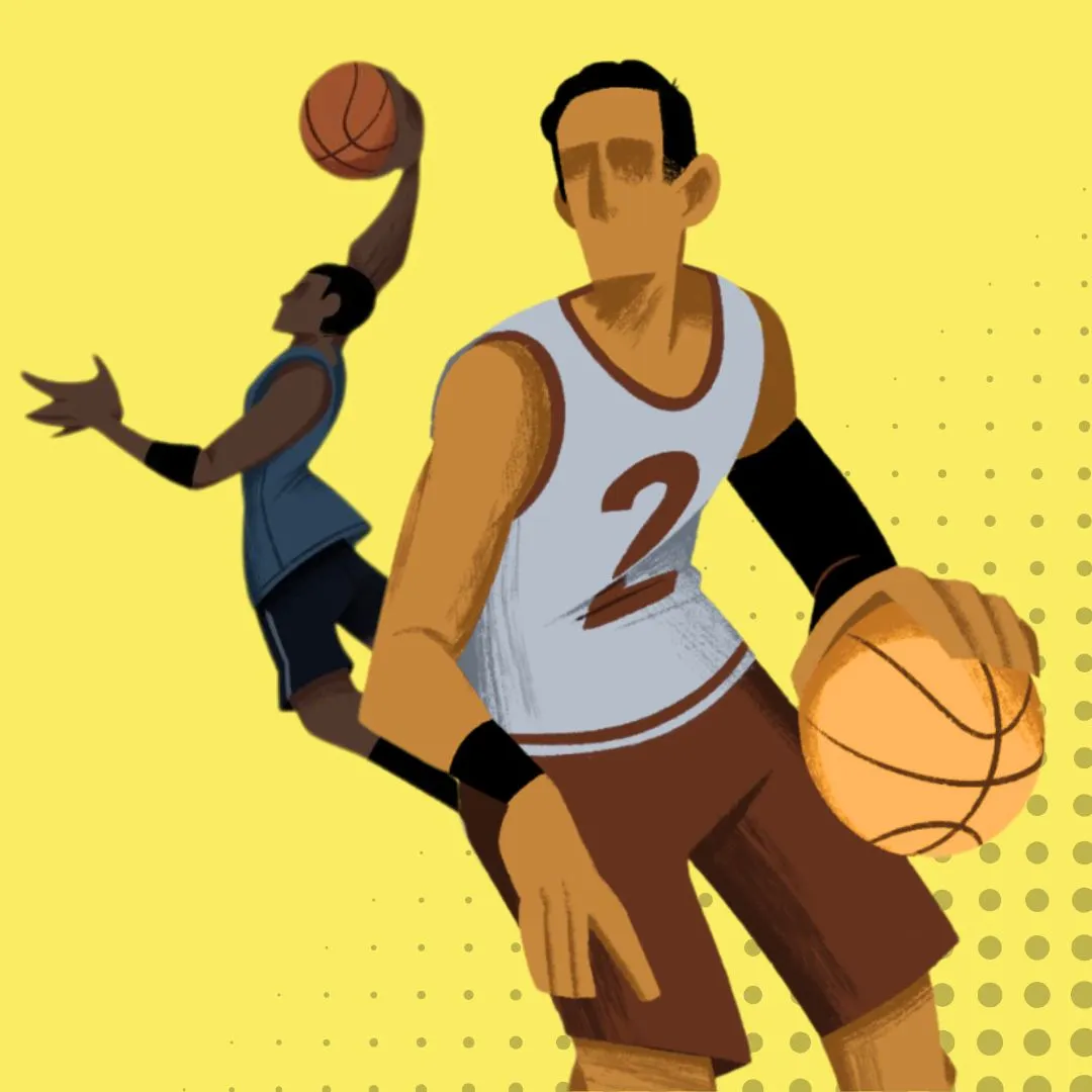 Zeichnungen von zwei Basketballerrn auf gelbem Hintergrund: Einer dribbelt, einer dunkt.