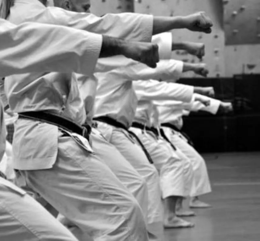 Schwarz-Weiß Bild von mehreren Karatekämpfern in Kampfhaltung. Die Köpfe sind nicht zu sehen.