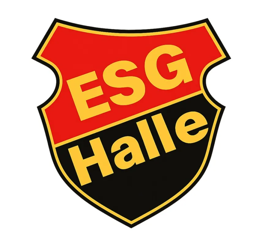 Logo ESG Halle: Ein Wappen, oben rot und unten schwarz. Darin in Gelb der Vereinsname.