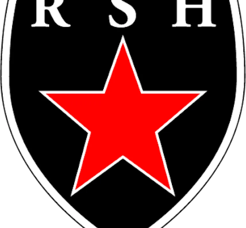 Logo des Vereins: Schwarzes Wappen mit rotem Stern und in Weiß "RSH".