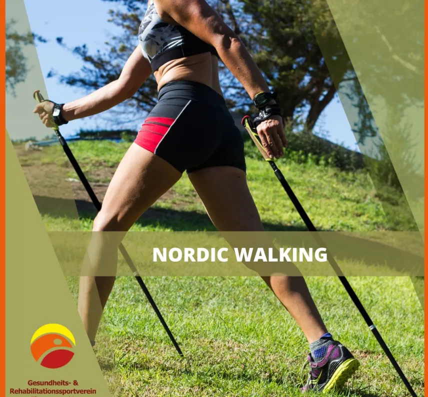 Grafik: Frau mit Walking-Stöcken auf einer Wiese, daneben das Vereinslogo und der Schriftzug "Nordic Walking"