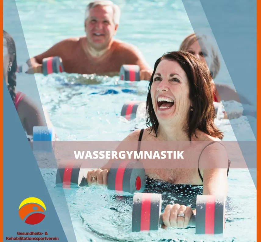 Grafik: Frau mit schwimmenden Hanteln in einem Wasserbecken, daneben das Vereinslogo und der Schriftzug "Wassergymnastik"