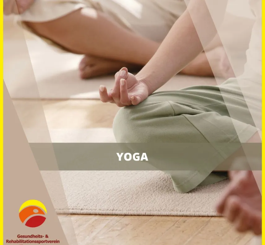 Collage aus Vereinslogo, Schriftzug "Yoga" und Bild von Knie und Hand einer meditierenden Person.